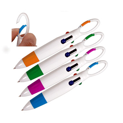 4 kleuren pen met karabijnhaak; set a stuks!